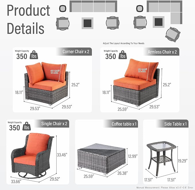 HOOOWOOO Patio Outdoor Sectional Furniture Sofa Set with Swivel Chairs,8 Piece L Shaped Corner Wicker Rattan Couch Set with Glass Table,Modern 6 Persons Summer Patio Conversation Set(Orange Red)