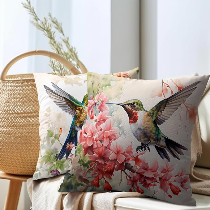 Watercolor Bird Throw Pillow Covers - Spring Hummingbird Outdoor Pillow Covers 20x20 Inch Summer Tropical Flowers Cushion Cases Set of 2 Pillowcase for Patio Furniture Bed, PCYMHumming1L