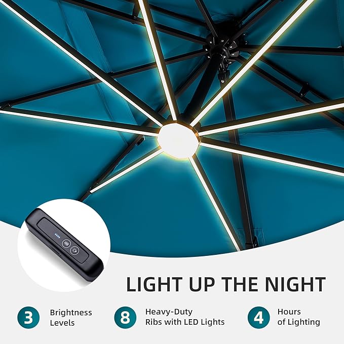 9 X 12 FT Cantilever Patio Umbrella with Led Lights Heavy Duty Outdoor Double Top Large Rectangle Offset Umbrellas with 360-degree Rotation for Garden Pool Deck Backyard, Turquoise