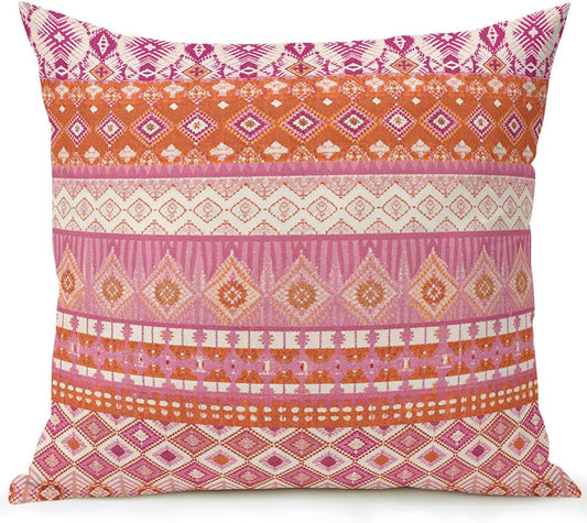 Waterproof Outdoor Pillow 1 Pack Red Bohemian Decorative Throw Pillows Cover & Insert 18x18 Inch Pillowcase Boho Style Floral Leaves Geometric Pillows for Couch Sofa Bed Patio Furniture Indoor Outdoor