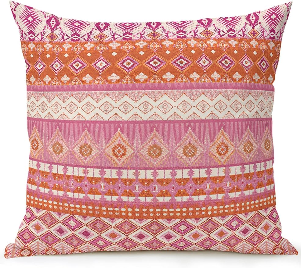 Waterproof Outdoor Pillow 1 Pack Red Bohemian Decorative Throw Pillows Cover & Insert 16x16 Inch Pillowcase Boho Style Floral Leaves Geometric Pillows for Couch Sofa Bed Patio Furniture Indoor Outdoor