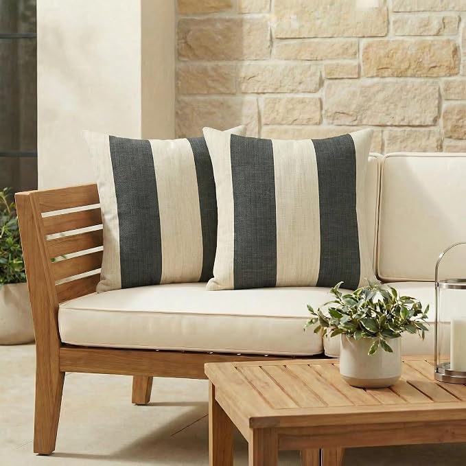 RSH DECOR Square Throw Pillows Set of 2, 20" x 20", Outdoor Pillows Waterproof, Outdoor Pillow Covers, Pillow Covers for Couch, Cabana Stripe Cerulean, Made in USA