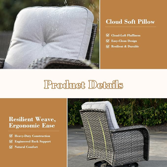 3 Pieces Patio Furniture Set, High Back Outdoor Swivel Rocker Chairs, Wicker Outdoor Furniture with Swivel Rocking Chairs and Side Table for Porch, Backyard, Balcony, Balcony,Grey
