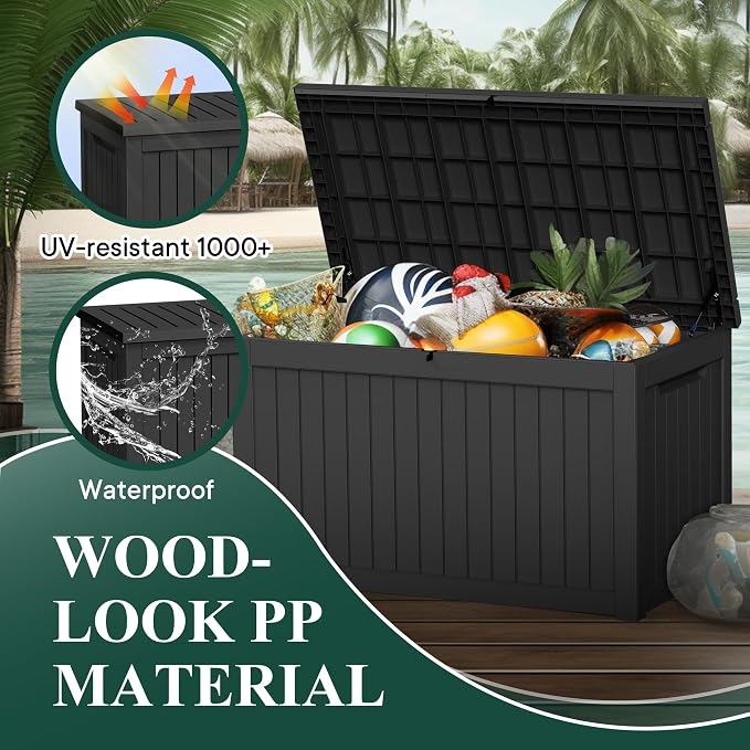 Resin Deck Box, Lockable Patio Outdoor Storage Box for Furniture, Garden Tools and Tools Storage, Waterproof Outside Storage Boxes (Black, 230 Gallon)