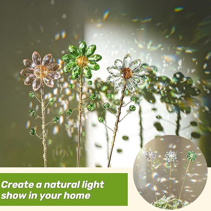 3Pcs Crystal Sunflower Suncatchers with 13'' Gold Trellis Metal Plant Stake | Glass Plant Suncatcher Garden Stakes for Indoor Outdoor Garden Potted Plants Decorations Plant Lover Gift(Clear, Green, Pink)