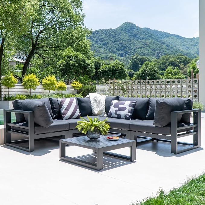 5 Pieces Patio Furniture Set Outdoor Aluminum Sectional Sofa Couch All-Weather Conversation Set with Upgraded Dark Grey Cushions