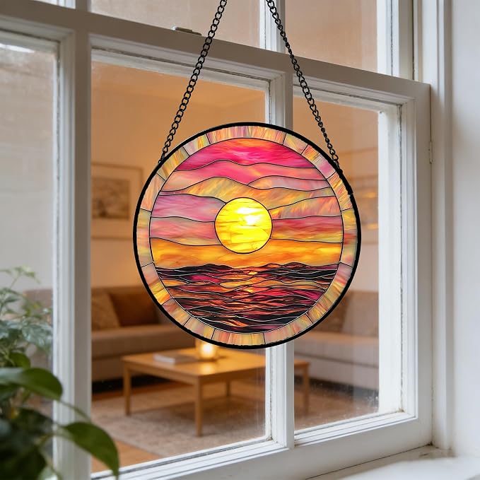 DASTOLL Stained Glass Window Hanging, Sunrise Sea Surface Sun Catchers Diamond Glass Panel Hangings Abstract Suncatcher Decor for Birthday for Women, Men, Wife, Aunt, and Mom 11.8 in