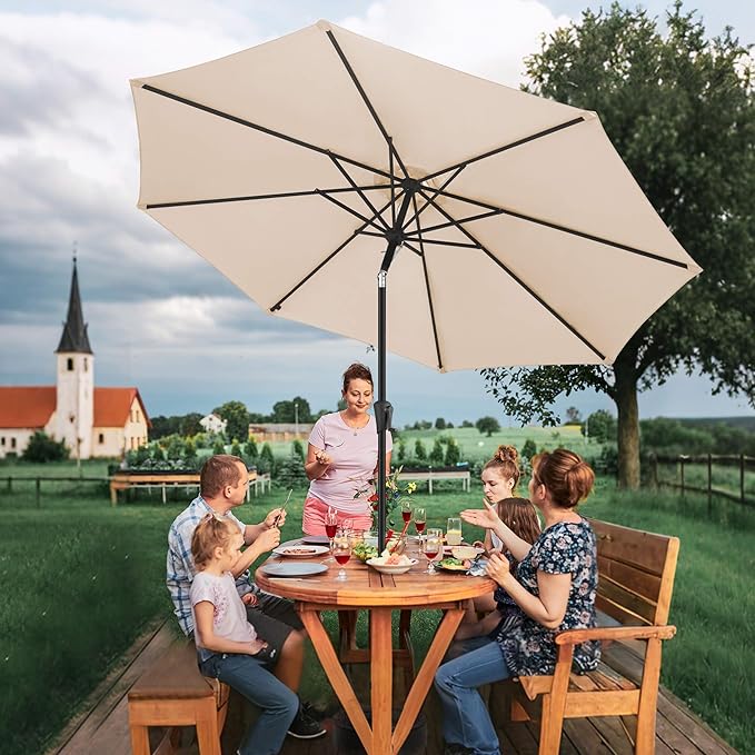 FLAME&SHADE 11 ft Patio Umbrella - Table Umbrella Outdoor with Push Button Tilt and Crank, UV Protection, 8 Sturdy Ribs, Market Umbrella for Garden, Deck, Backyard, Lawn, Pool and Beach(Beige)
