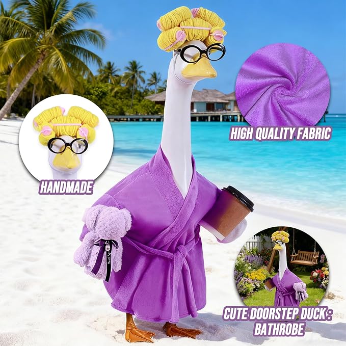Lady Porch Goose Outfits,Bathrobe Porch Goose Statue Costume with Curlers Reading Glasses Coffee Cup Towel, Cute Goose Clothes for 23-Inch Cement Statue, Lawn Yard Garden Patio Decor(Dark Purple)