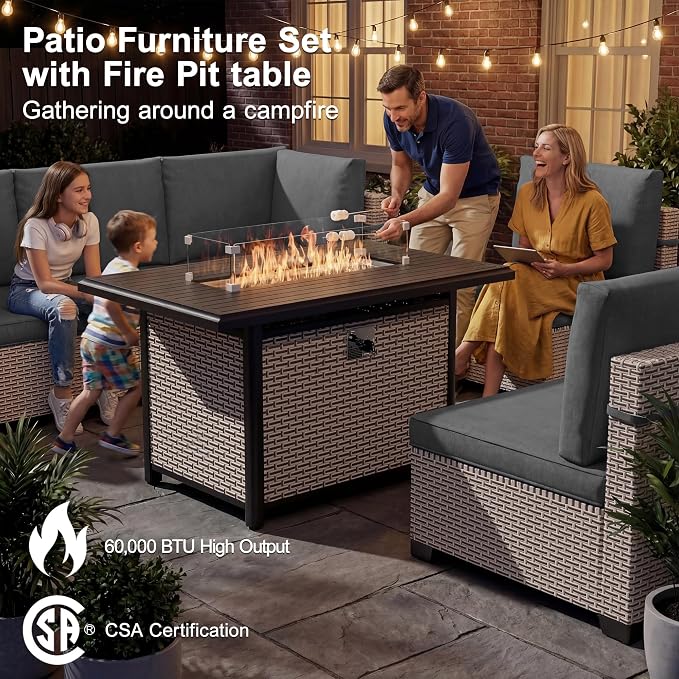 Patio Furniture Set, 8-Piece Outdoor Sectional Sofa with 60,000 BTU Fire Pit Table & 2-Layer Glass Coffee Table, Wicker Patio Conversation Set with Gray Cushions