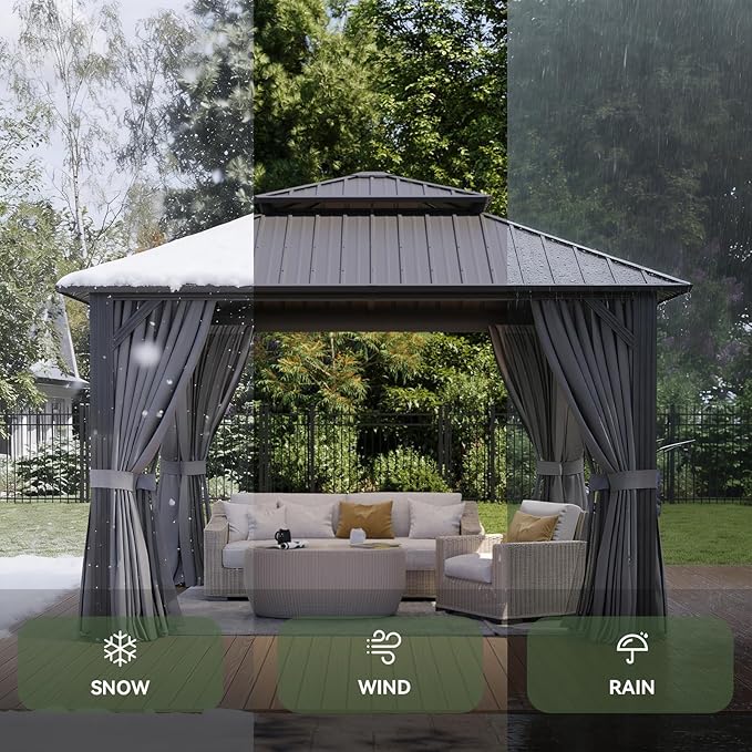Aoxun 8 FTx 8FT Hardtop Gazebo with Double Galvanized Steel Roof, Outdoor Pavilion with Breathable Netting & Privacy Curtain for Backyard, Patio - Versatile for Family Gatherings, Carport (Gray)