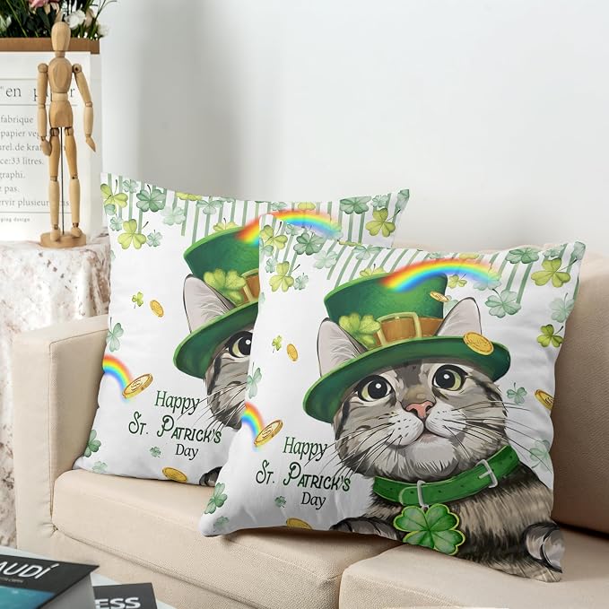 Happy St Patricks Day Pillows Covers 18x18 Pack of 2 Lucky Cat Clover Pillow Covers Rainbow Gold Coin Shamrock Decorative Pillow Cases Cushion Case for Living Room Couch Sofa