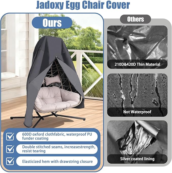 Patio Egg Chair Cover with Zipper Waterproof Heavy Duty Outdoor Hanging Chair Cover for Double Egg Swing Chairs All Weather Windproof UV Protection for Patio Furniture