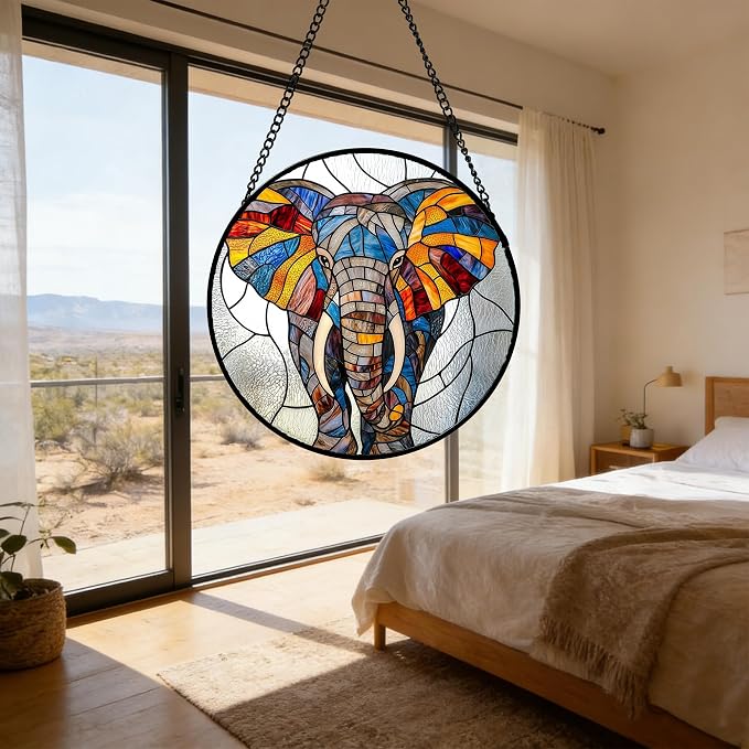 Stained Glass Window Hanging, Colorful Elephant Sun Catcher for Door Home Decor Animal Suncatcher Christmas Mother's Day Birthday Gifts for Women Men Mom and Nana 7.8 in