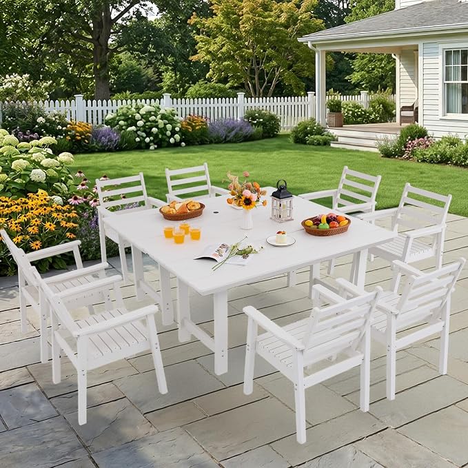 10-Piece Outdoor Dining Set, All-Weather HDPE Patio Furniture, Two 66.5" Slatted Table with 1.6" Umbrella Hole & 8 Ergonomic Armchairs, Heavy Duty 350lbs Capacity, UV Resistant, White