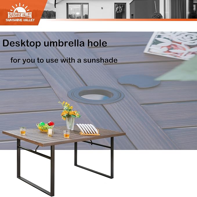 SUNSHINE VALLEY Patio Dining Set,Wood-Like Metal Table w/Umbrella Hole | 60x36 Metal Table&6 Pcs Rust-Proof Stackable Chairs, Outdoor Table and Chairs Set for Backyard Garden Deck