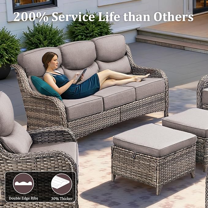 Luxury High Back Patio Furniture Set with 6-Inch Thick Cushions, 5-Pieces Outdoor Furniture with Swivel Chairs, Wicker Conversation Set for Porch, Balcony, Deck and Yard, Grey