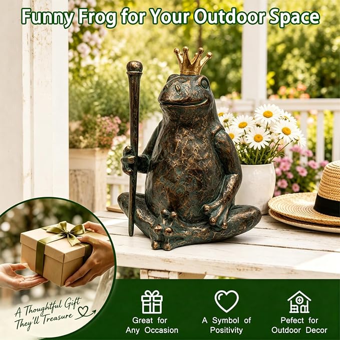 Frog Garden Statue, Yard Decorations Outdoor Decor, Weather-Resistant Animal Figurines & Sculptures, Seated Prince Frog with Scepter for Patio & Lawn, 11.5" H×9.8" L