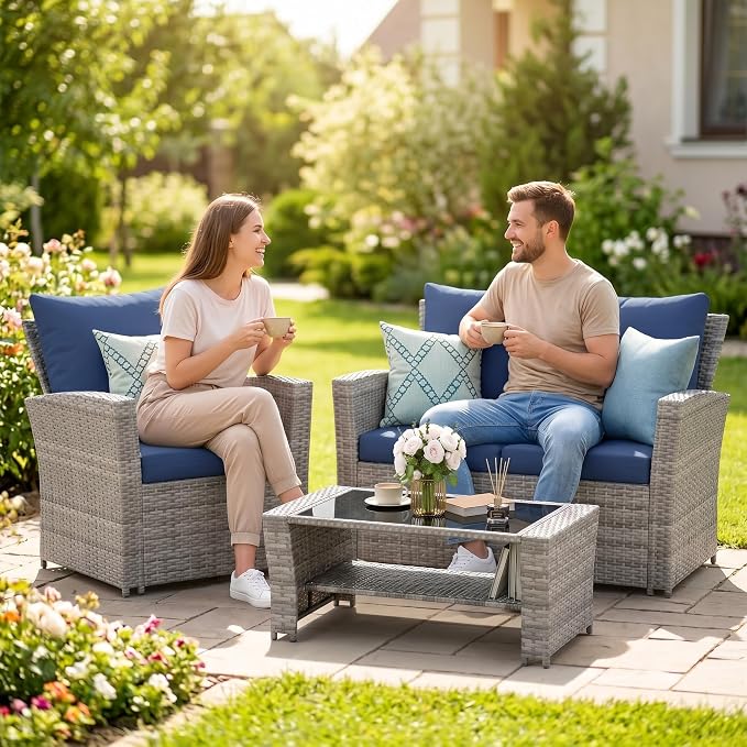 UDPATIO Patio Furniture Set, Outdoor Furniture Sets with Loveseats Sofa, Wicker Rattan Outdoor Conversation Set with Storage CoffeeTable for Backyard, Deck, Porch, Grey/Navy