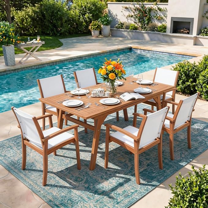 OC Orange-Casual Patio Furniture Set, Acacia Wood Patio Dining Set for 6-8, Outdoor Expandable Table and Chairs Set with Umbrella Hole and Breathable Textilene Fabric for Garden (White, 7 Pieces)