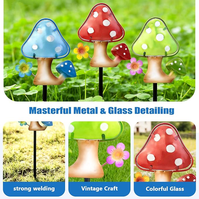 LEGIFO Garden Decor Mushroom Stakes Set of 3, Metal & Glass 10″, Outdoor Mushroom Stake for Backyard Lawn Decor, Funny Yard Art Decorations for Mom Grandma Women Mother’s Day
