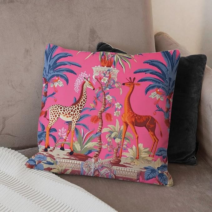 Pillowcase Animal Pink Chinoiserie Cushion Cover Rustic Thailand Giraffe Jungle Pillow Cover Accent Farmhouse Decor Pillow for Couch Sofa Bedroom Car 22x22 in