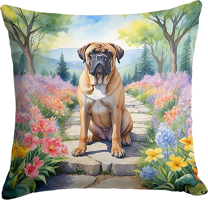 Caroline's Treasures Bullmastiff Spring Path Throw Pillow Machine Washable, Indoor Outdoor Decorative Pillow for Couch, Bed or Patio, 18Hx18W