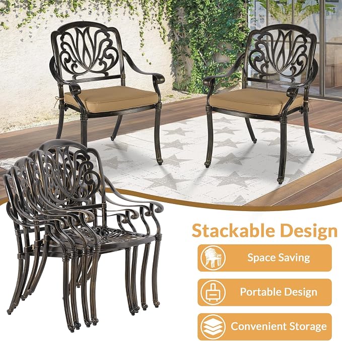 9 Piece Outdoor Patio Dining Set for 8, Cast Aluminium Large Square Dining Table & 4 Swivel Chairs, 4 Regular Chairs, 8 Cushions, Umbrella Hole, Patio Furniture Set for Garden, Khaki