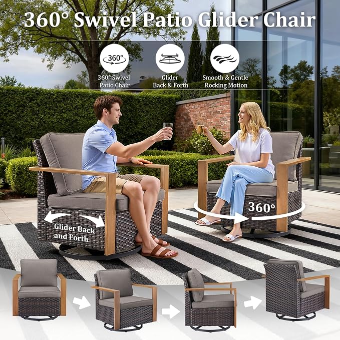 2PCS Outdoor Swivel Patio Chairs Set, All-Weather Wicker Swivel Rocker Chairs with High Back and Deep Seat, Patio Seating for Porch, Deck, Backyard and Poolside Grey