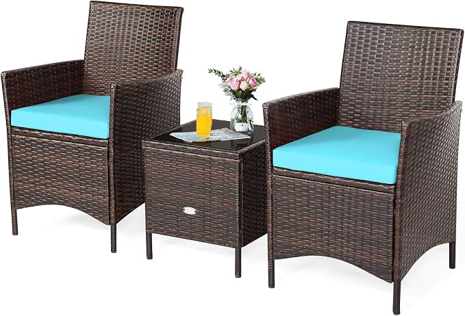 Tangkula 3-Piece Patio Conversation Set, Wicker Chairs with Glass Top Square Coffee Table & Cushions, All-Weather Outdoor Rattan Furniture Set for Garden Backyard Balcony Poolside (Turquoise)