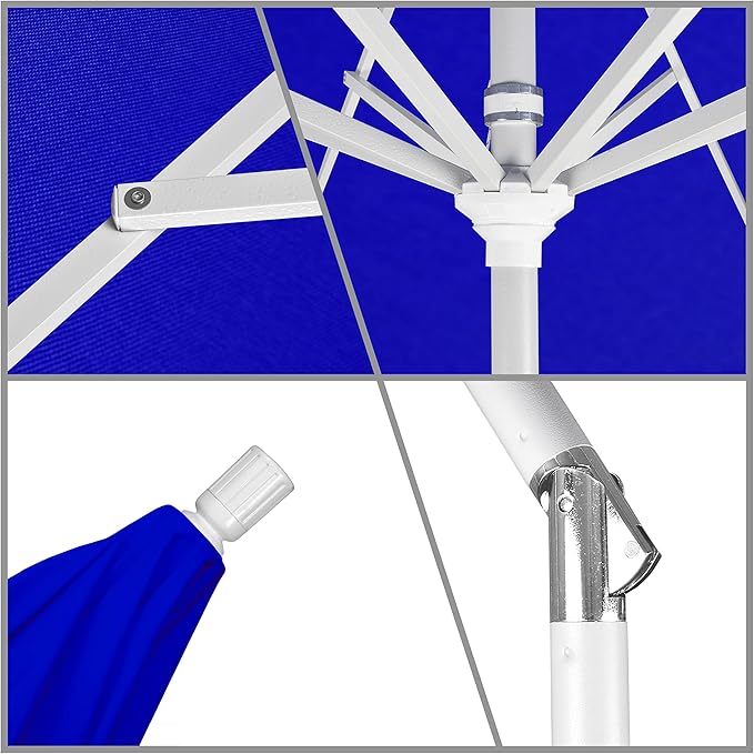 California Umbrella 9' Round Aluminum Patio Umbrella, Crank Lift, Collar Tilt, White Pole, Pacific Blue