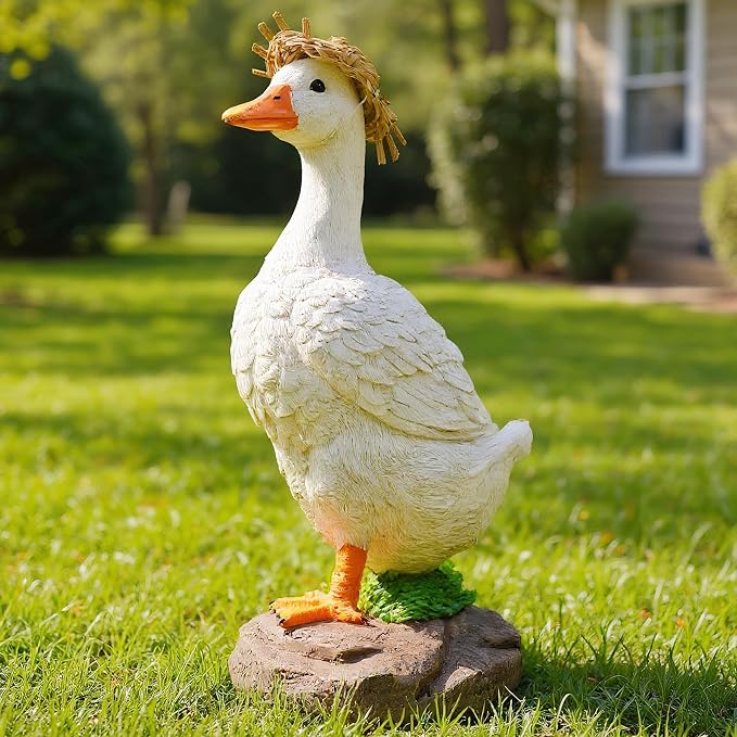 Euronet 12" Garden Porch Goose Statues, Funny Duck Farm Fence Decor, Resin Real Concrete Porch Goose Decor, Outdoor Animal Sculptures & Statues, Perfect for Home Garden Stairs, Farm, Patio, Backyard