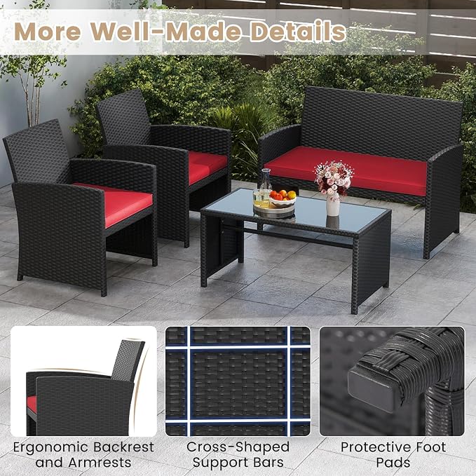 Tangkula 4 Pices Patio Wicker Furniture Set, Outdoor Heavy Duty Rattan Cushioned Chairs, Loveseat and Tempered Glass Coffee Table, for Backyard, Balcony, Poolside