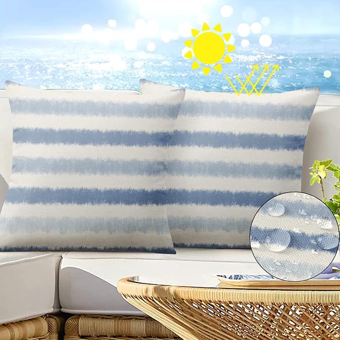 Throw Pillow Covers, Blue Striped Coastal, 18 x 18 Inch, Set of 2 | Farmhouse Waterproof Outdoor Square Cushion Case Pillowcase Decorative for Garden Couch Beach Patio