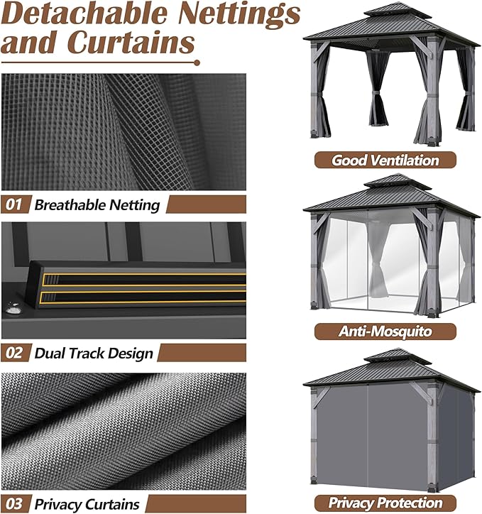 10' x 10' Wood Gazebo, Outdoor Cedar Wood Hardtop Gazebo with Galvanized Steel Doule Roof, Wooden Frame Gazebos with Netting and Curtains for Patio Backyard Deck