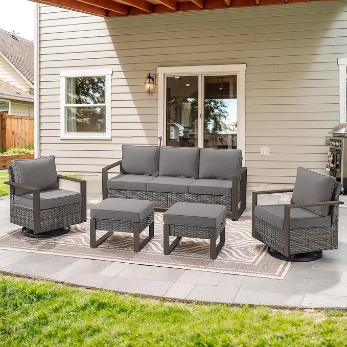 Belord 5 Piece Patio Furniture Set with Swivel Chairs, PE Wicker Patio Sofa Set Outdoor Swivel Rocker Patio Chairs with Anti-Rust Metal Wide Armrests for Deck Backyard Sunroom