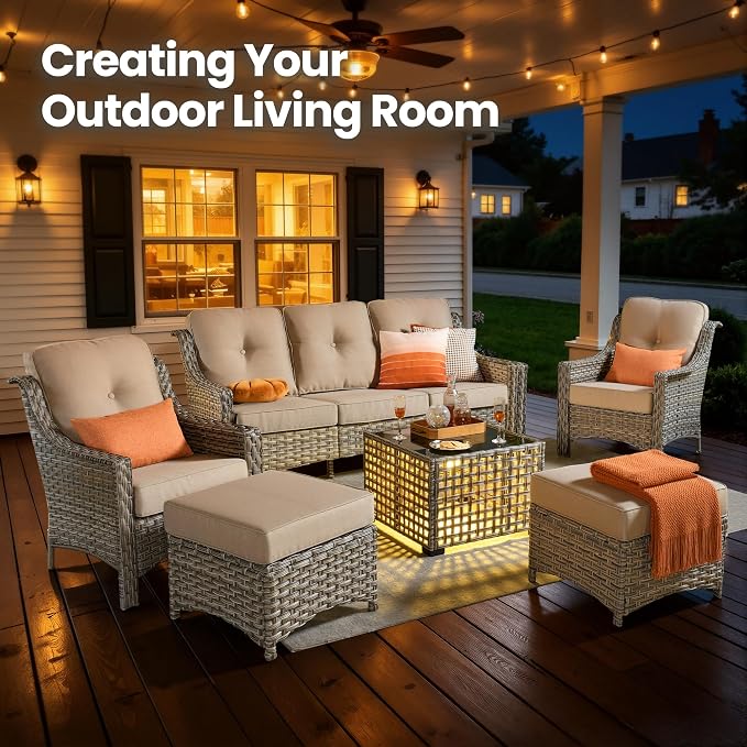 6 Piece Patio Furniture Set with Solar Lights Coffee Table, Outdoor Wicker High Back Sofa Chairs Ottomans with Cushions, All Weather Conversation Set for Backyard Porch Deck, Beige