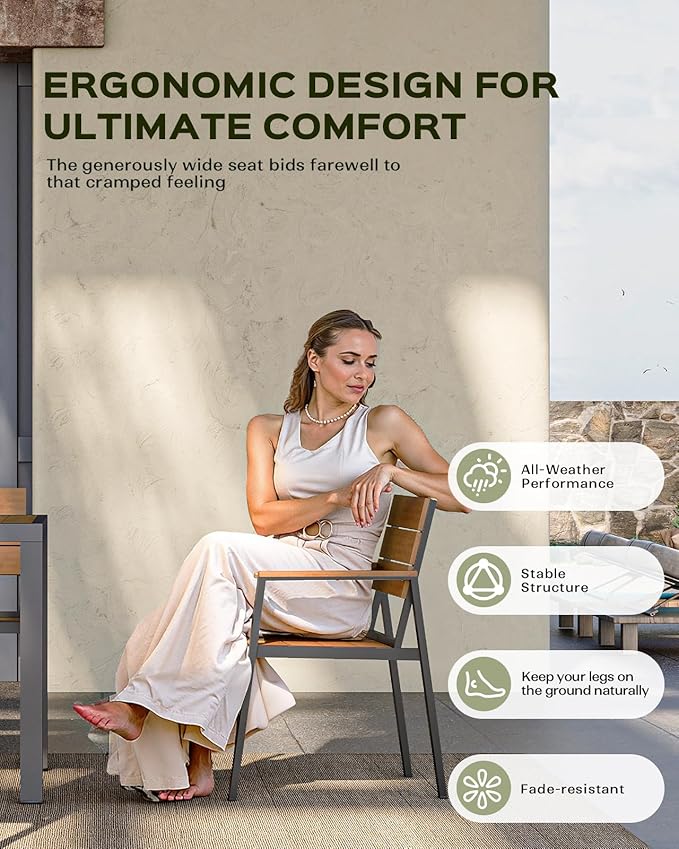 Vexwalx Outdoor Dining Chairs Set of 2, HDPS + Aluminum Patio Dining Chairs with Ergonomic Design and Wide Seat, 2 Piece Outdoor Chairs for Garden, Backyard, Deck (Gray-Teak)