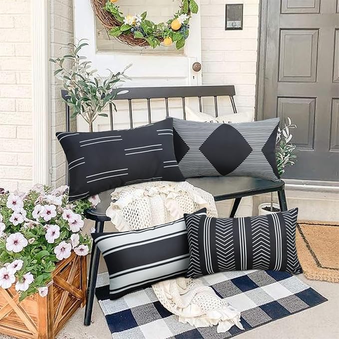 Adabana Set of 4 Outdoor Waterproof Pillow Covers 12x20 Black and White | Modern Geometric Throw Pillows Cover Decorative Boho Pillow Covers for Patio, Garden, Porch