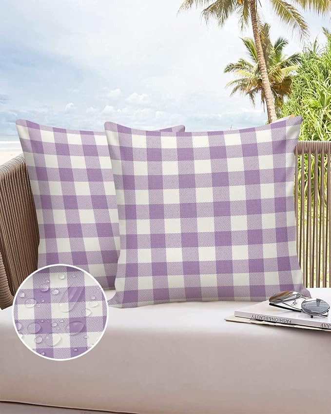 Outdoor Waterproof Throw Pillow Covers Set of 2 Purple Buffalo Check Plaid Pillowcases 24x24 Inches Farmhouse Style Patio Decorative Pillows Cushion Case Patio Pillows for Couch Bed Chair Garden