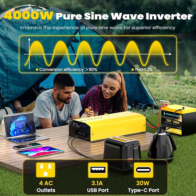 4000W Pure Sine Wave Inverter 12V DC to 120V AC Converter for Home, RV, Truck, Off-Grid Solar Power Inverter Built-in 3.1A USB, Type-C Port, AC Hardwire Output Port, Remote Control with LCD Screen