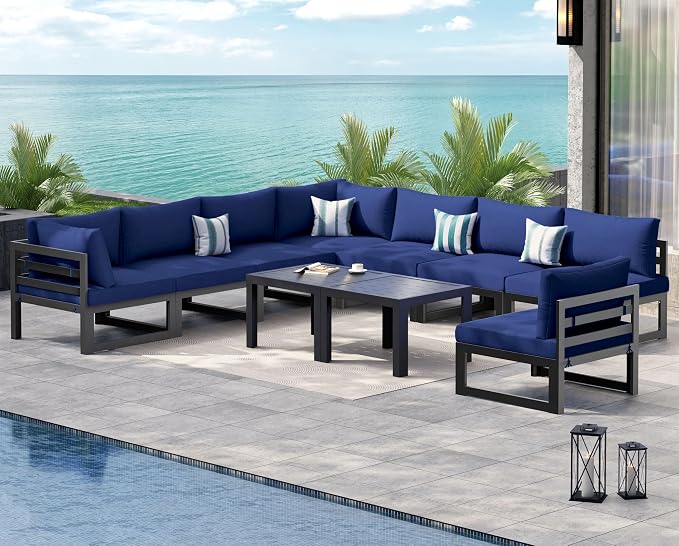 NICESOUL Extra Large Modern Aluminum Outdoor Sofa, 29" Deep Wide Seating, 500 lbs Heavy Duty Sectional Set for Heavy People, Fade & Water Resistant Patio Furniture Set for Backyard Poolside, Navy Blue