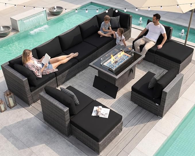 NICESOUL 11 Piece Modern Outdoor Sofa Set, 29.3'' High Back Comfy Big Size Wicker Patio Modular Sectional with Fire Pit Table & Ottoman, Rattan Conversation Furniture, Black & Gray