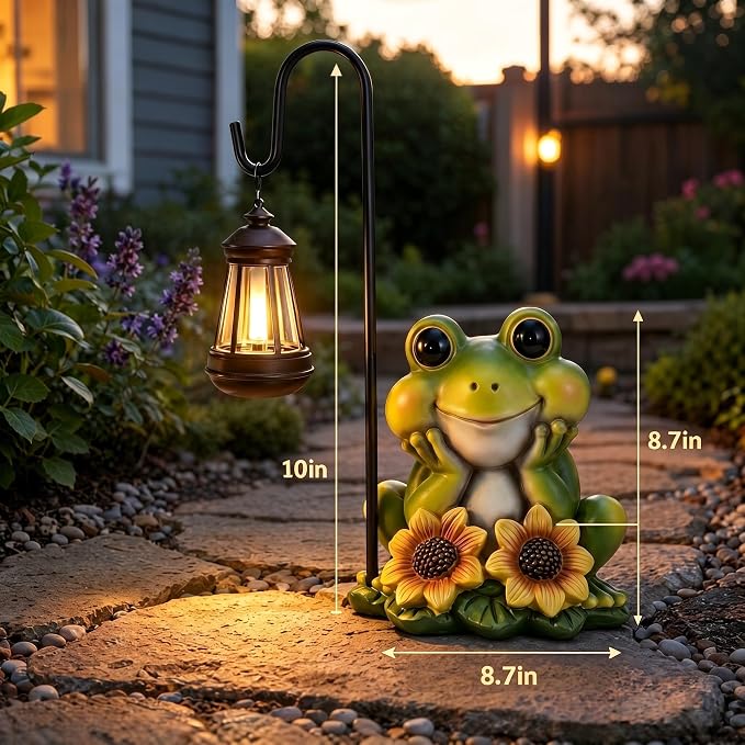 Solar Frog Garden Statue with LED Light – Hand-Painted Resin Outdoor Decor, Waterproof Lawn Ornament for Patio Yard Balcony, Unique Gift for Mom Grandma Women, Fairy Garden Decoration