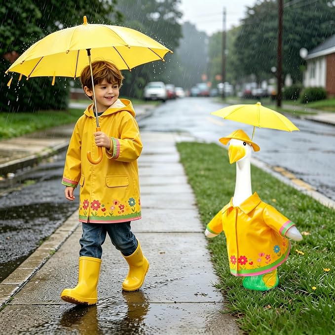 Raincoat Porch Goose Outfits, Summer Lawn Goose Statue Raincoat Costume, Cement/Plastic Goose Clothes Raincoat Umbrella Hat, 3-Piece Set for 23" Yard Goose Statue Patio Garden Decoration