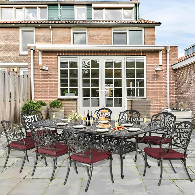 9-Piece Patio Cast Aluminum Dining Set, Outdoor Dining Furniture Set for 8 Person, Includes 94.5" Rectangular Dining Table and 8 Cushioned Chairs with Umbrella Hole for Deck Garden, Red