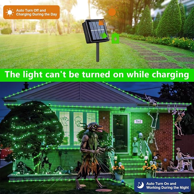 QITONG Green Solar Halloween Lights, 66ft 200 LED Solar Rope Lights Outdoor, 8 Modes Fairy Lights in Clear Thin Tube
