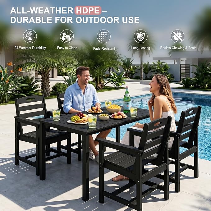 Domi HDPE Outdoor Dining Set, All-Weather 3 Piece Outdoor Dining Table Set with 2" Umbrella Hole, Outdoor Patio Dining Set for Garden, Poolside, Backyard, Deck, Black