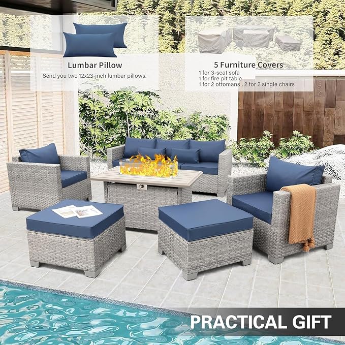 6-Piece Wicker Outdoor Patio Furniture Set with PE Rattan Sectional Sofa, Conversation Set and Fire Pit Table for Backyard Patio(Gray)