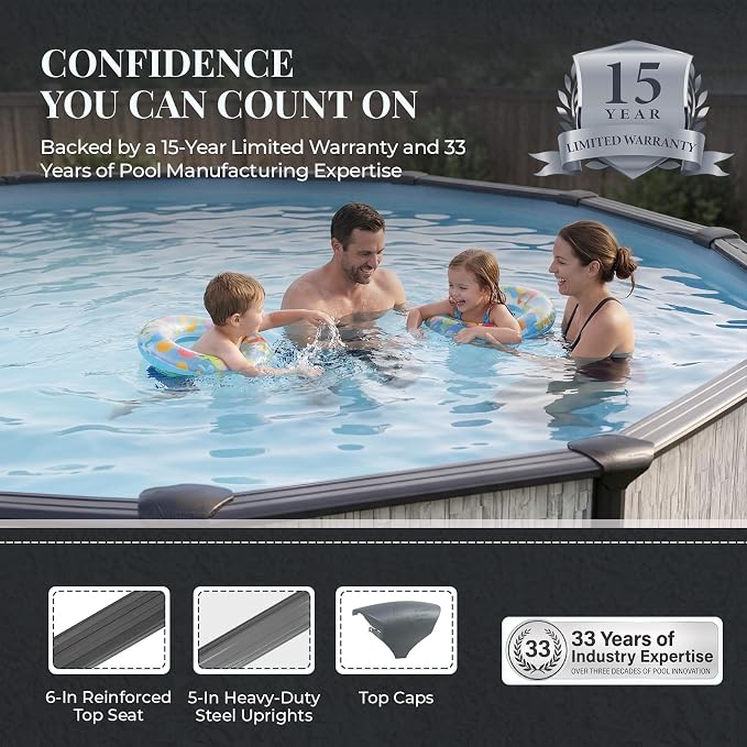 Blue Wave Sevilla 15-ft Round 52-in Deep Hard Sided Steel Wall Above Ground Pool with 6-in Top Seats, 5-in Verticals, Skimmer & Vinyl Liner - 5,130 Gallon Capacity for Family Swimming & Recreation